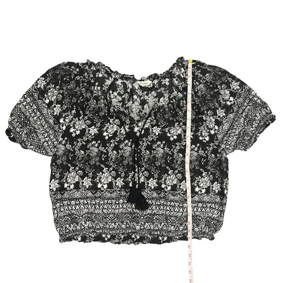 Lucky Brand Women's Boho Peasant Top Size L Black White Floral Print Tassel Tie - Picture 6 of 10